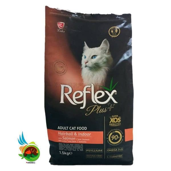 غذای خشک گربه بالغ هیربال با طعم سالمون Reflex plus adult cat food hairball & indoor with salmon وزن 1.5 کیلوگرم ( اپن باکس )