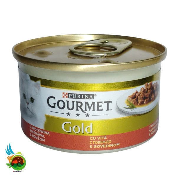 کنسرو گربه گورمت گلد آلمانی با طعم گوشت گاو خورشتی Gourmet gold with beef وزن 85 گرم