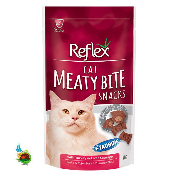 تشویقی نرم مغزدار گربه رفلکس طعم بوقلمون و جگر با تائورین مدل Reflex Cat Meaty Bite Snacks وزن 40 گرم