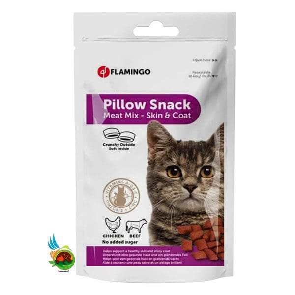 pillow-snack تشویقی کرانچی گربه فلامینگو با طعم گوشت و مرغ مدل بالشتی Flamingo pillow snack skin & coat with chicken & beef وزن 50 گرم - تصویر 1