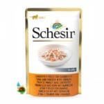 پوچ گربه بالغ شسیر با طعم ماهی تن و مرغ و میگو Schesir tuna and chicken with shrimps وزن 85 گرم