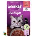 پوچ گربه بالغ ویسکاس با طعم گوشت در ژله Whiskas pure delight with beef in jelly وزن ۸۵ گرم