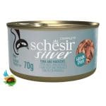 کنسرو گربه شسیر طعم ماهی تن و ماهی خال دار مدل سیلور Schesir silver tuna with mackerel وزن ۷۰ گرم