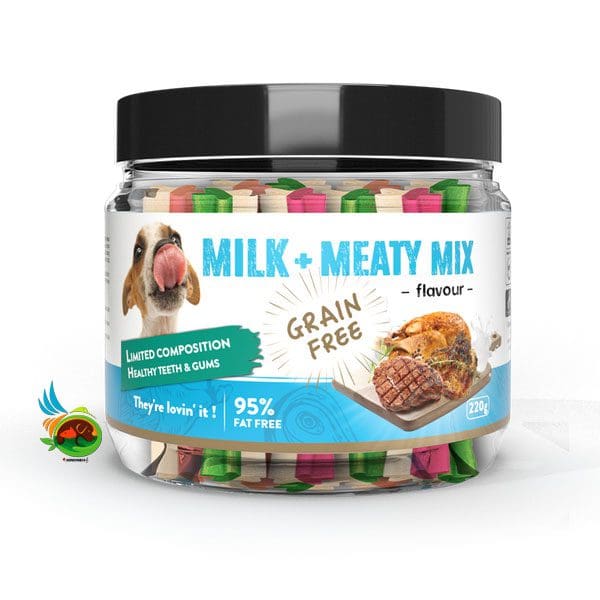 Untitled-76 تشویقی سگ هابون طعم شیر و مخلوطی از گوشت ها Howbone milk & meaty mix وزن ۲۲۰ گرم