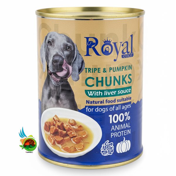 Untitled-6 کنسرو چانک سگ رویال کوکو با طعم سیرابی و کدو تنبل Royal coco وزن 380 گرم - تصویر 1