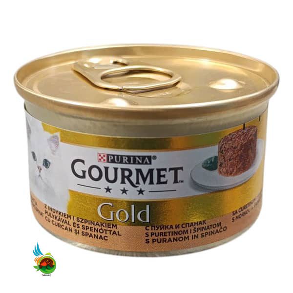 کنسرو گربه گورمت گلد با طعم بوقلمون و اسفناج مدل کیکی Gourmet Gold وزن ۸۵ گرم