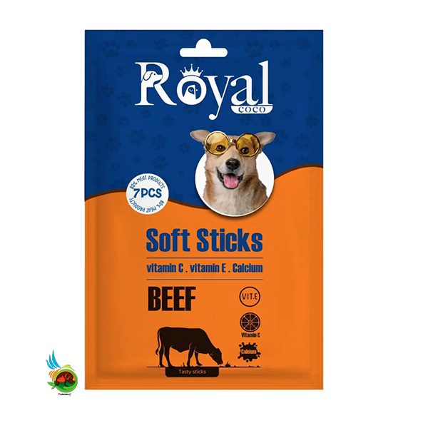 ddc71bd1-cad8-4981-9dcd-8e5bb7b32d65 تشویقی مدادی نرم سگ رویال کوکو طعم گوشت Royal coco soft sticks with beef بسته ۷ عددی