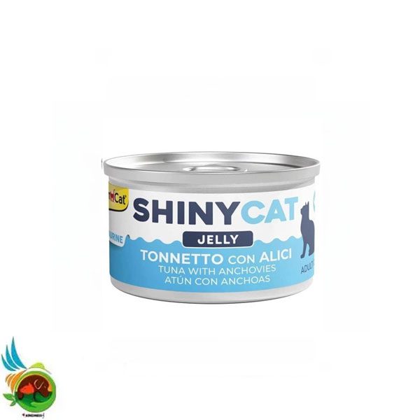 کنسرو گربه جیم کت طعم تن و ماهی آنچووی در ژله Gimcat shiny cat tuna with anchovies وزن ۷۰ گرم