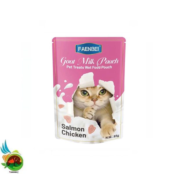 پوچ گربه فنبی طعم سالمون و مرغ در شیر بز Faenbei goat milk chicken & tuna وزن ۸۵ گرم