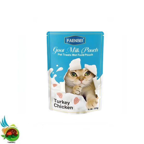 پوچ گربه فنبی طعم بوقلمون و مرغ در شیر بز Faenbei goat milk turkey & chicken وزن ۸۵ گرم