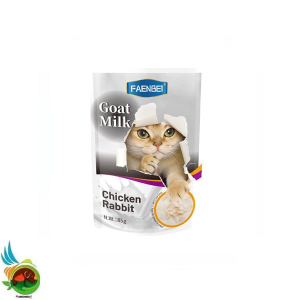 پوچ گربه فنبی طعم مرغ و خرگوش در شیر بز Faenbei goat milk chicken and rabbit وزن ۸۵ گرم