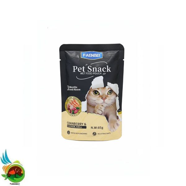 Untitled-4 پوچ گربه فنبی مدل میکس طعم کرنبری، مرغ و میگو Faenbei pet snack cranberry & chicken and krill وزن ۸۵ گرم