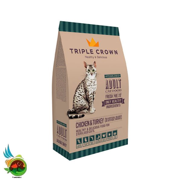 غذای خشک ارگانیک گربه بالغ عقیم تریپل کراون طعم مرغ و بوقلمون Triple crown sterilised adult cat food chicken & turkey وزن 2 کیلوگرم