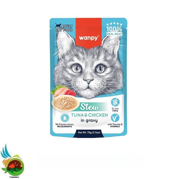 پوچ خورشتی گربه بالغ ونپی طعم تن و مرغ در سس Wanpy adult cat food tuna & chicken وزن 70 گرم