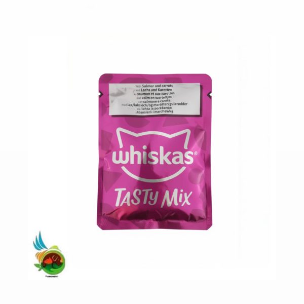 پوچ گربه بالغ ویسکاس تیستی میکس طعم سالمون و هویج در سس Whiskas tasty mix with salmon and carrots وزن ۸۵ گرم