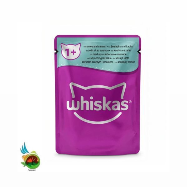 پوچ گربه بالغ ویسکاس طعم ماهی کولی و سالمون Whiskas with coley and salmon وزن ۸۵ گرم