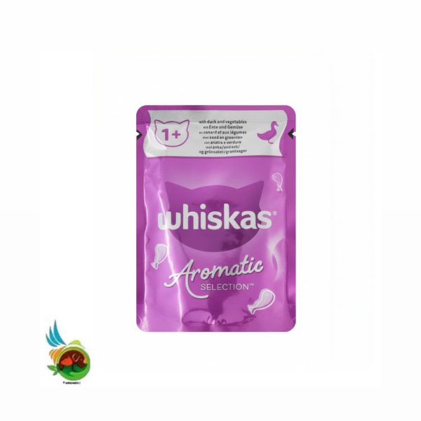 پوچ گربه بالغ آروماتیک سلکشن ویسکاس طعم اردک و سبزیجات در سس Whiskas with duck and vegetables وزن ۸۵ گرم