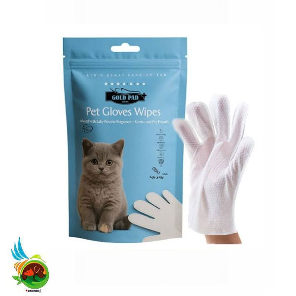 Untitled-3 دستمال مرطوب دستکشی گلد پد با رایحه پودر بچه پرسا gold pad pet gloves wipes بسته 5 عددی - تصویر 1