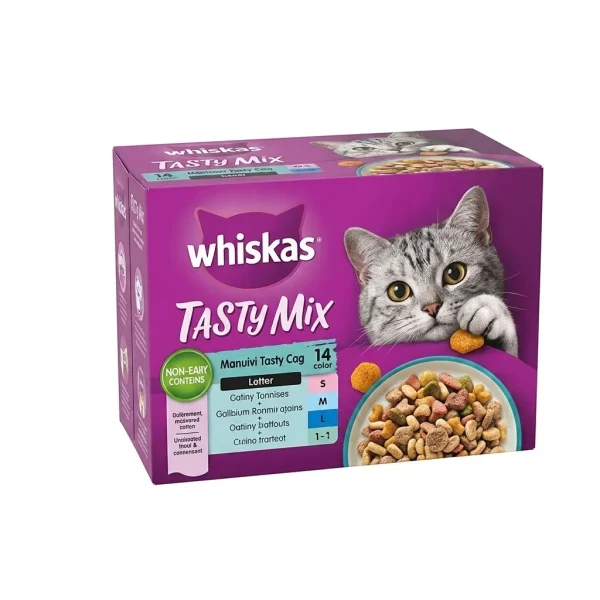 پوچ گربه ویسکاس با طعم میکس ماهی Whiskas Cat Pouches Mixed Fish بسته 12 عددی